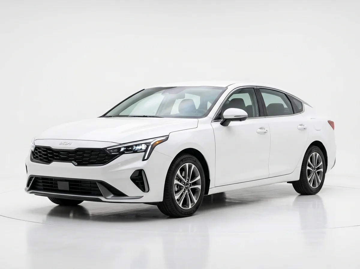 Kia K4 intermediate sedan, white, front three-quarter view on white studio background, clean product shot