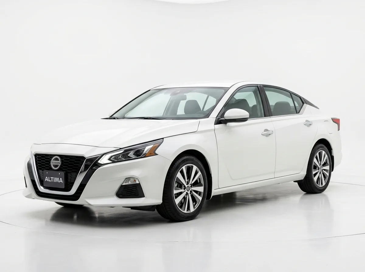 Nissan Altima full-size sedan, white, front three-quarter view on white studio background, clean product shot