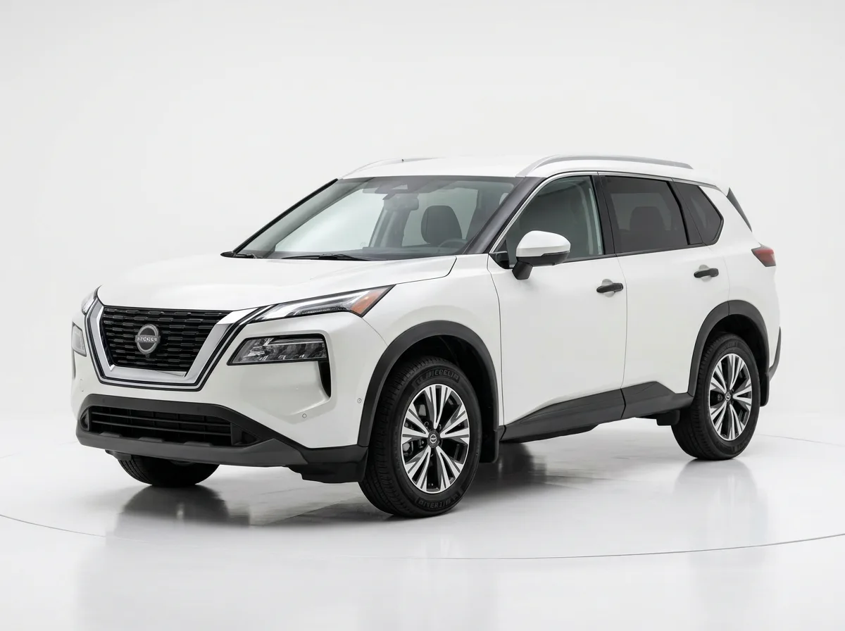 Nissan Rogue compact SUV, white, front three-quarter view on white studio background, clean product shot