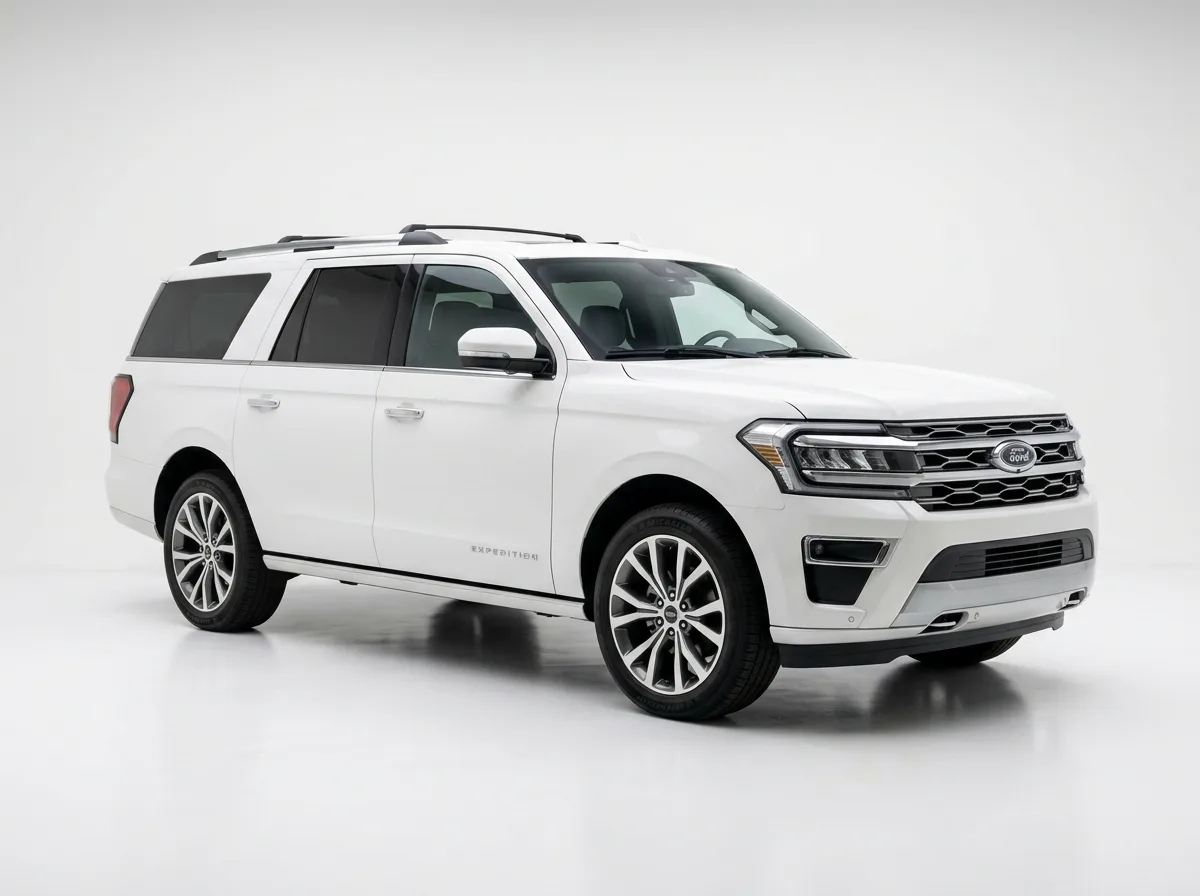 Ford Expedition full-size SUV, white, front three-quarter view on white studio background, clean product shot