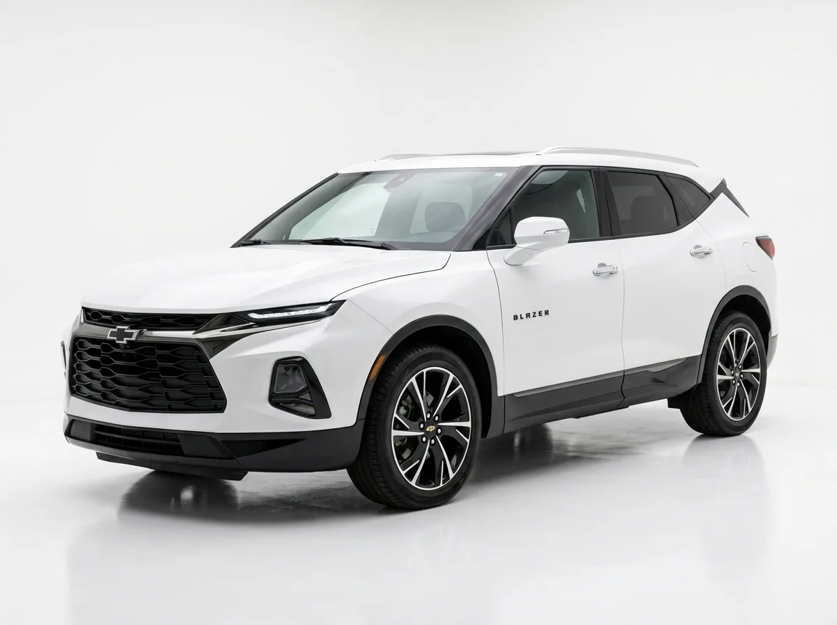 Chevrolet Blazer premium SUV, white, front three-quarter view on white studio background, clean product shot