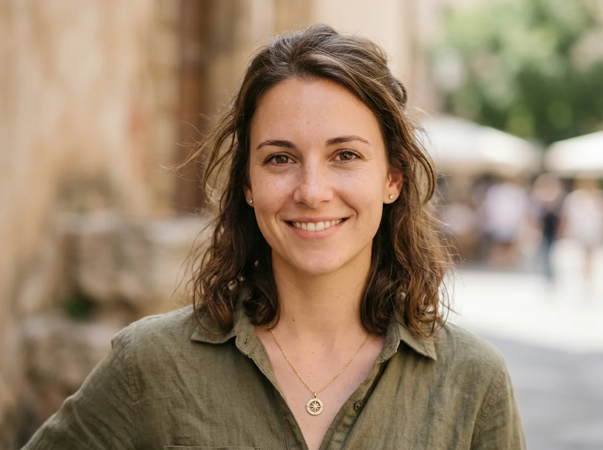 Headshot of female traveler, late-20s, casual friendly expression, neutral background