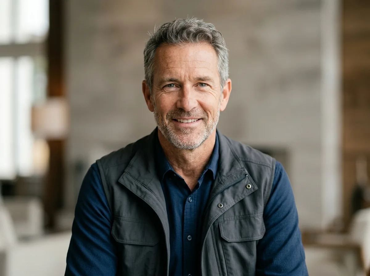 Headshot of male traveler, 50s, professional confident look, neutral background